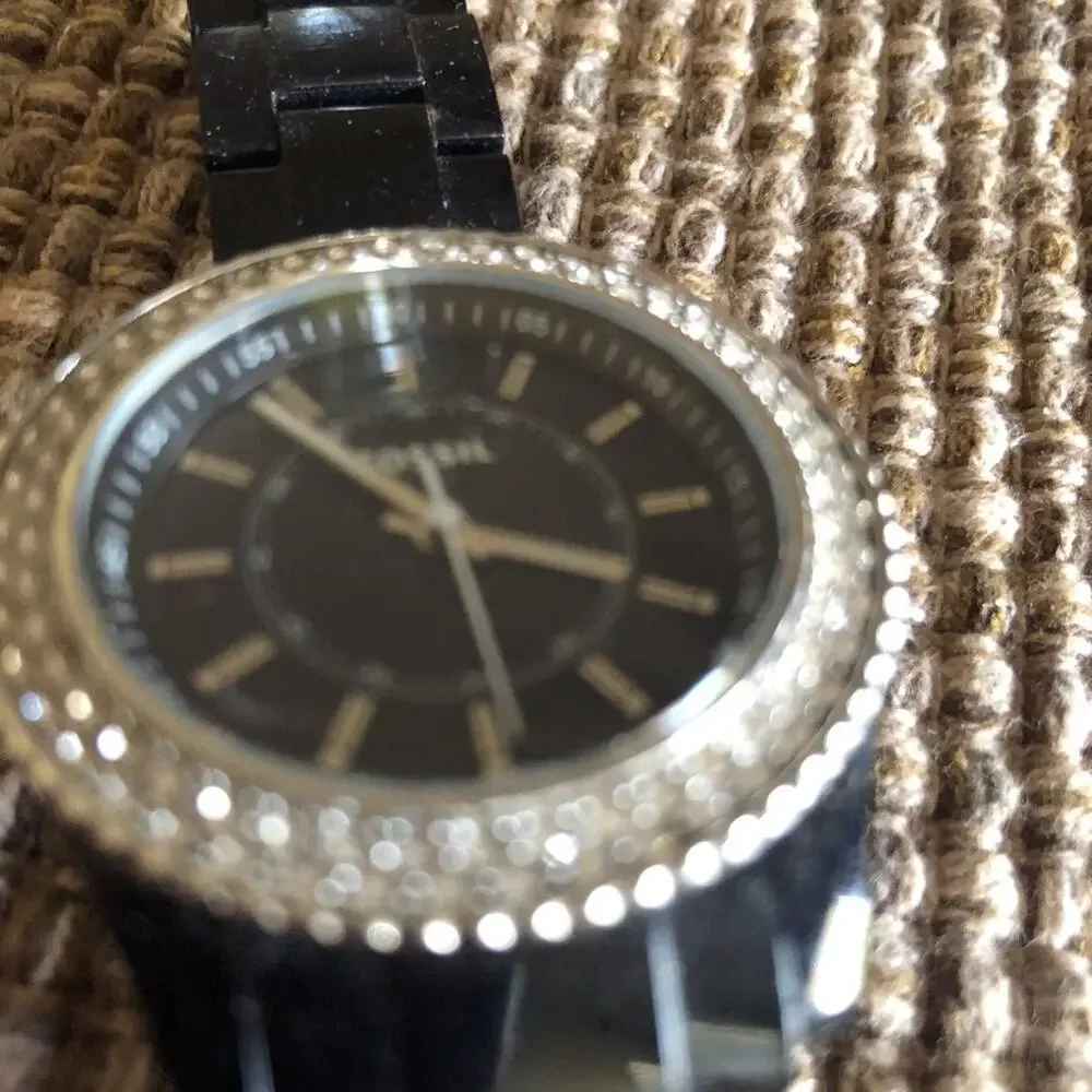 Fossil black resin watch w/ rhinestone face